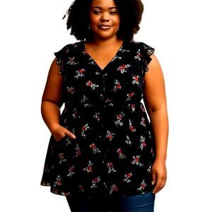 Women's 20W Black Floral Sleeveless Top Shirt Maxi BOHO Plus Size 2X Blouse